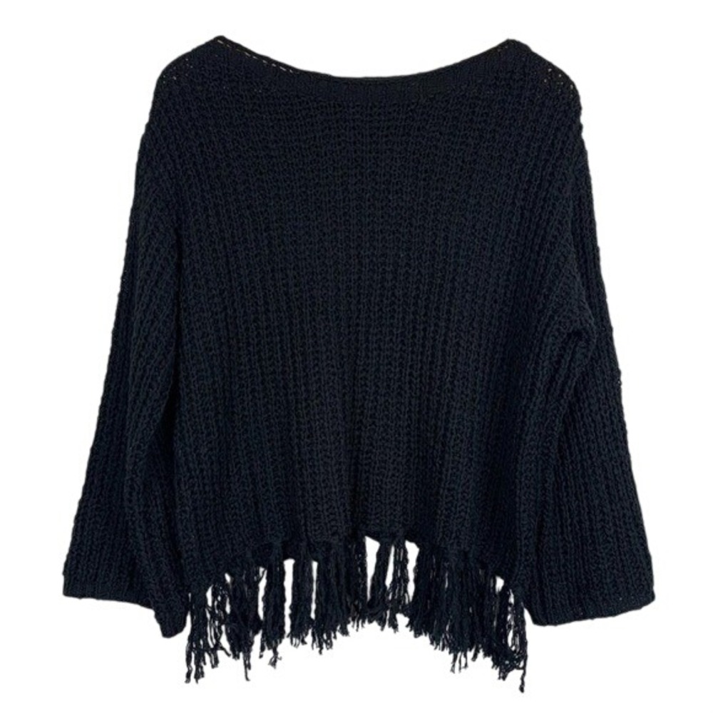 Altar'd State Sweater Black Ribbed Knit Crew Neck Tassel Fringe Detail Size S